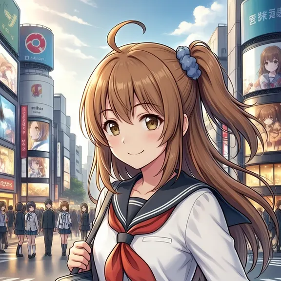 入力2。渋谷スクランブル風の背景に立つかなちゃん。白セーラー服、赤いスカーフ、黒いスカート、奥に人混みと看板と空