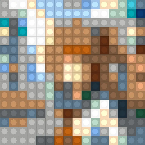 16x16。人物として認識できるギリギリ。顔の輪郭は失われ、肌色・髪色・スカーフの赤の塊で「人がいる」とわかるレベル