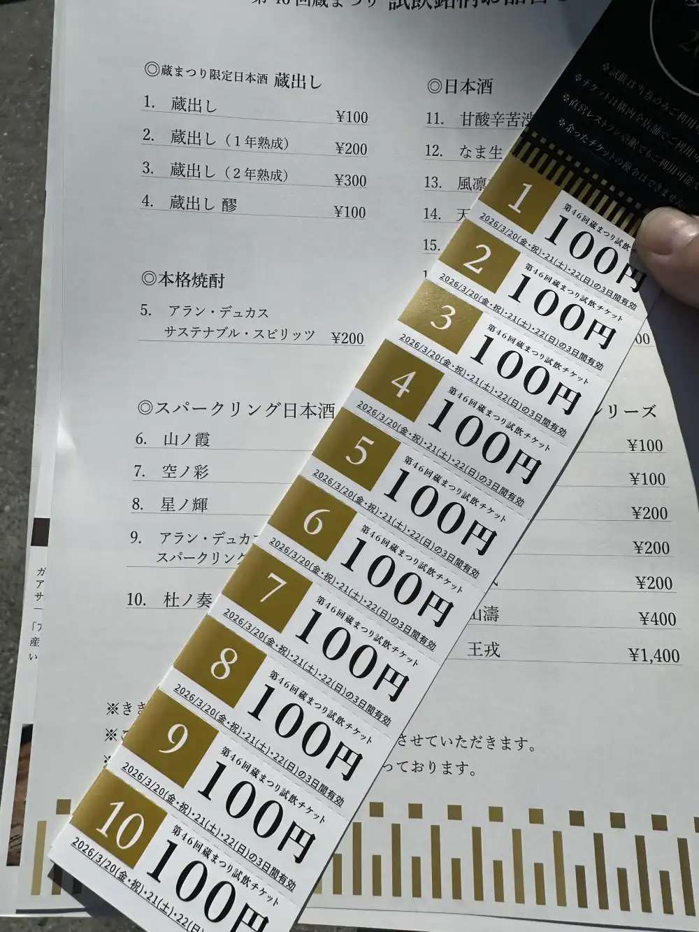 蔵まつりのメニュー表と試飲チケット