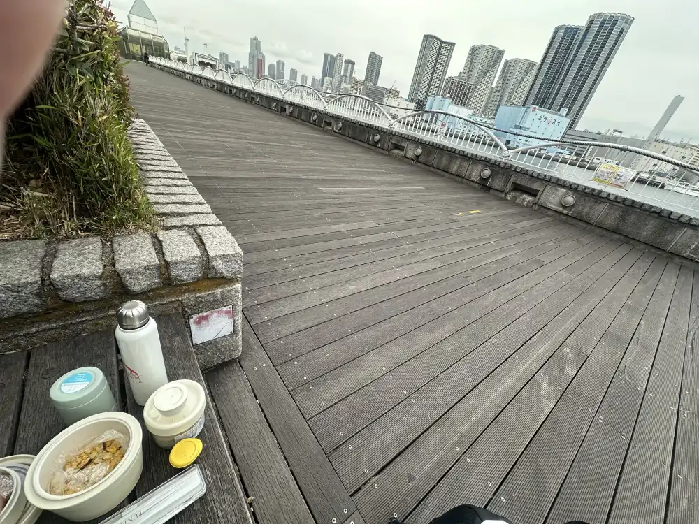 デッキの上にお弁当を広げたところ