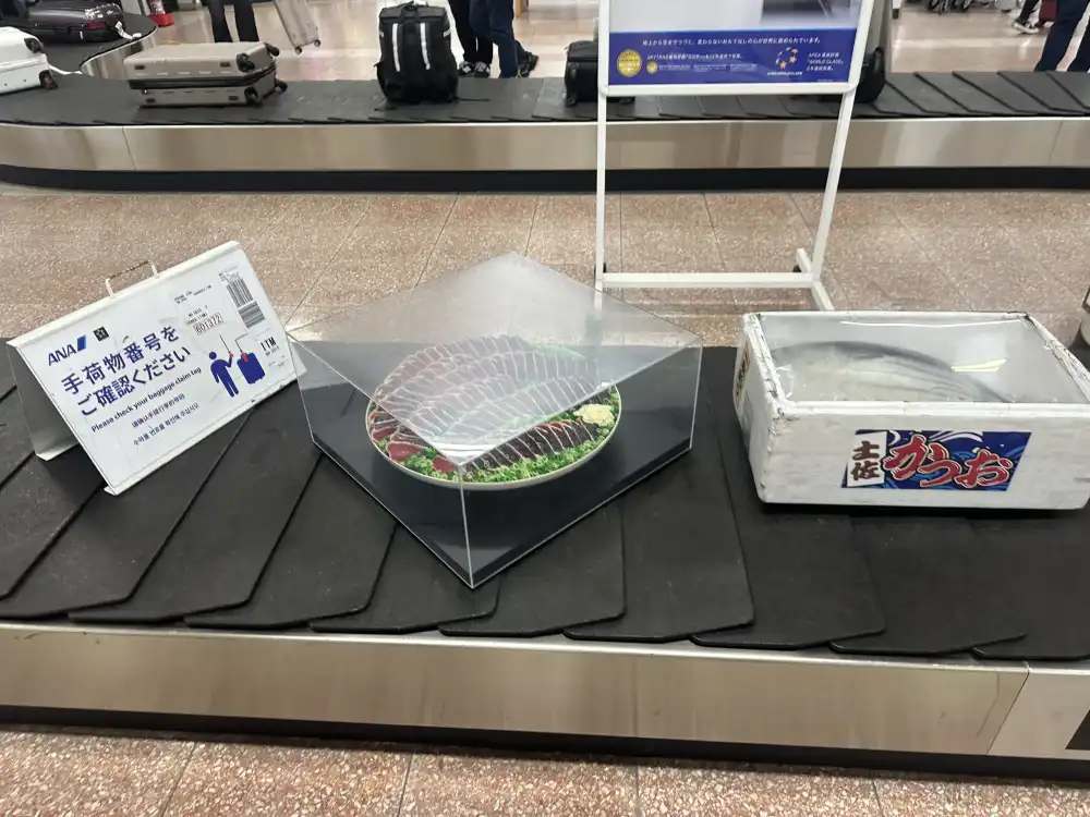 高知空港の手荷物レーンにかつおのたたき