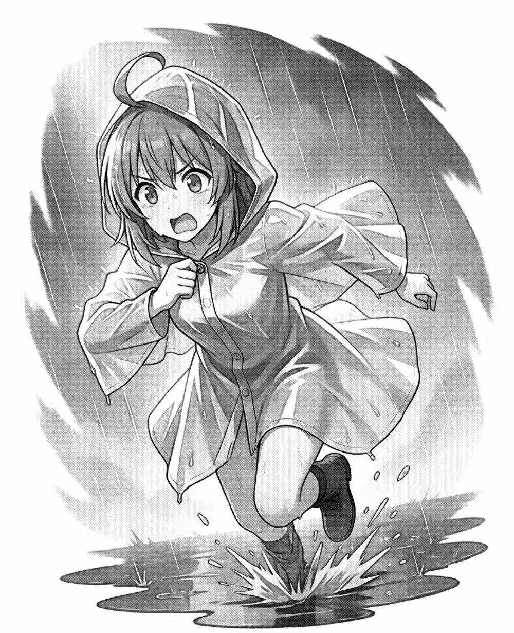 雨の中フードを押さえて走るかなちゃん