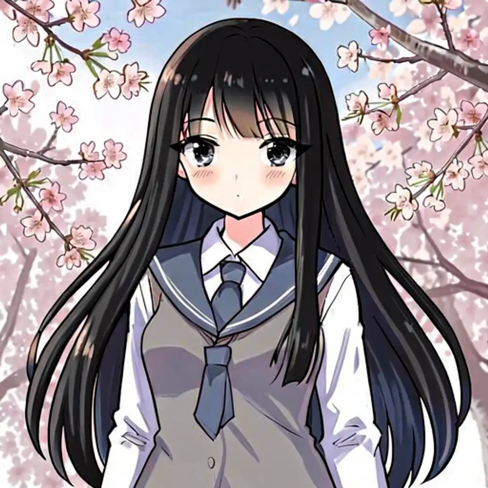 Flux-2-Klein-4Bで生成したアニメ風イラスト。桜の木の下に立つ黒髪の女の子