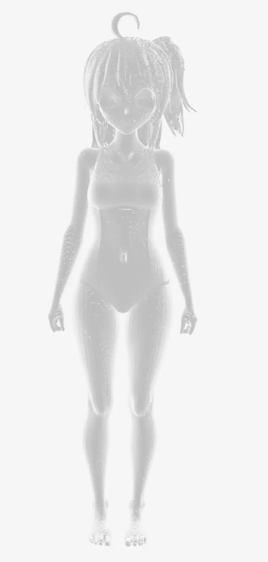 Kanachan 3D, vertex colors, front. The antenna hair, ponytail, swimsuit, and overall proportions all read