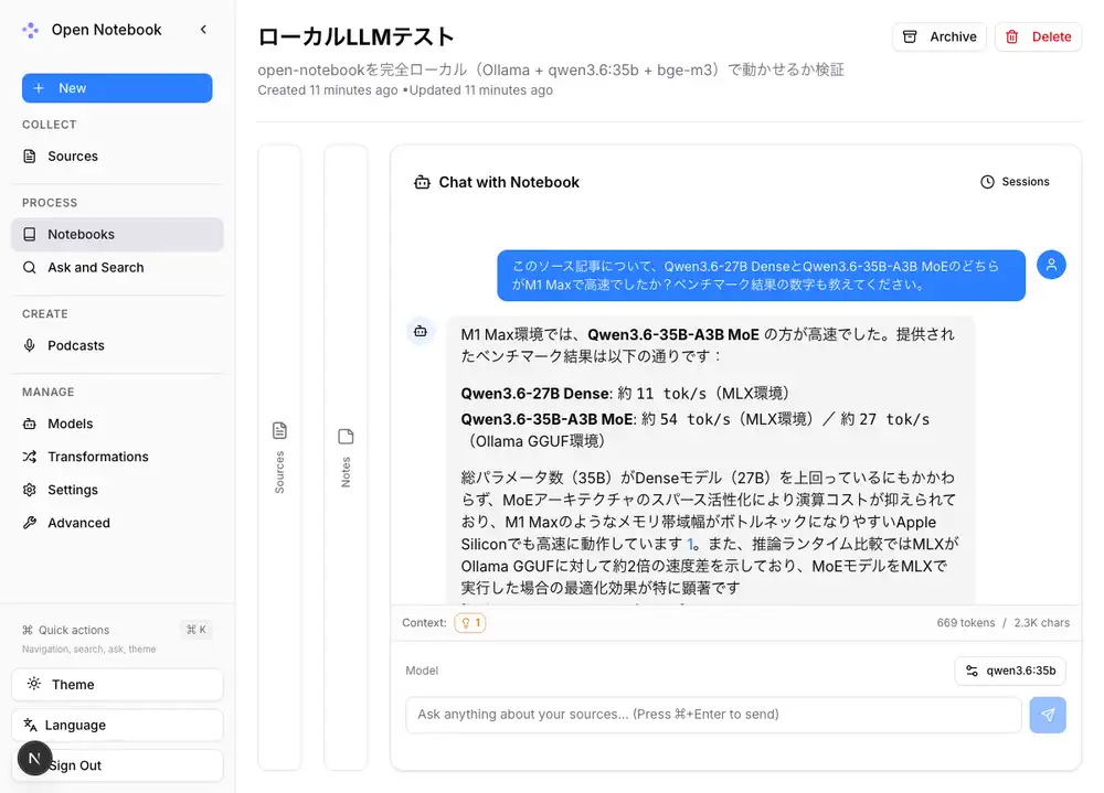 チャット応答。qwen3.6:35bが自身のベンチマーク記事を読んで、27B Denseが11 tok/s、35B-A3Bが54 tok/s (MLX)等の正しい数値とMoEのスパース活性化の説明を返した