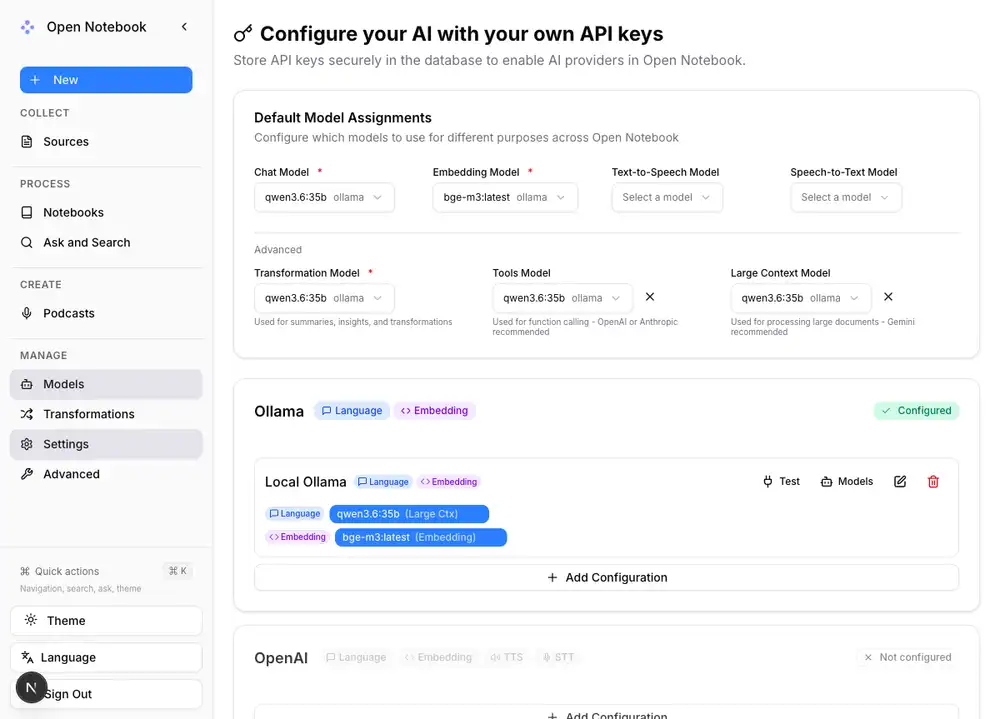 Ollama登録後。Chat/Transformation/Tools/Large Contextがqwen3.6:35b、Embeddingがbge-m3:latestに自動割当