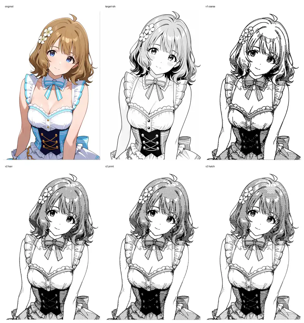 ローカル処理 v1 と v2 の方向違い（左上から原画 / Codexゴール / v1 coarse、下段が v2 hair / v2 print / v2 hatch）