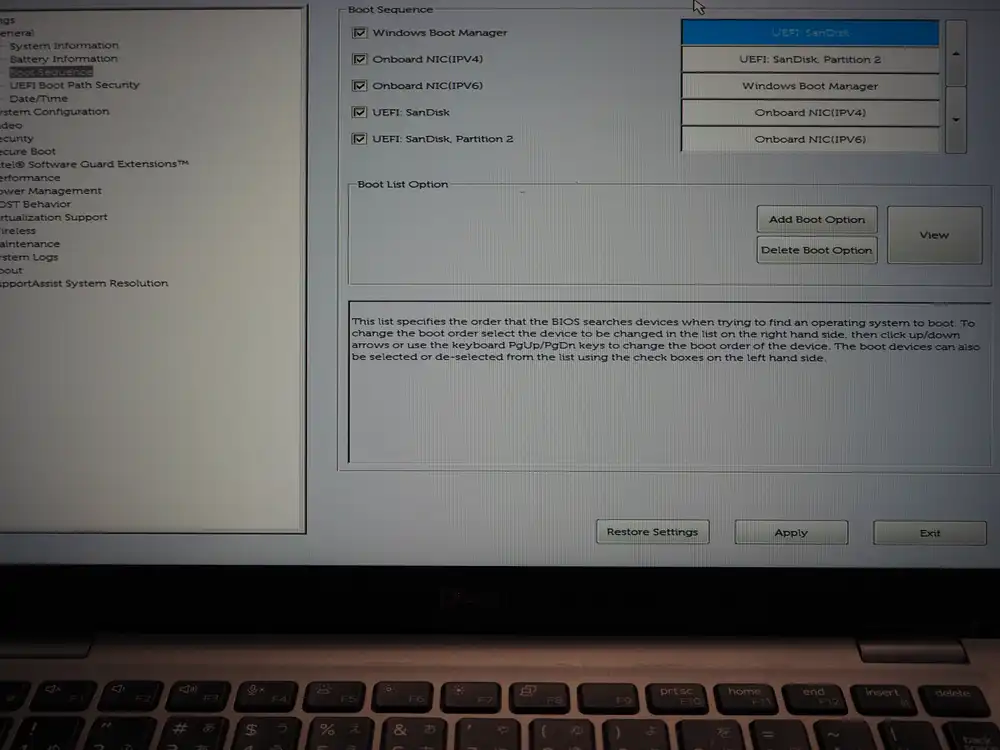 Boot order reshuffled to put UEFI: SanDisk at the top