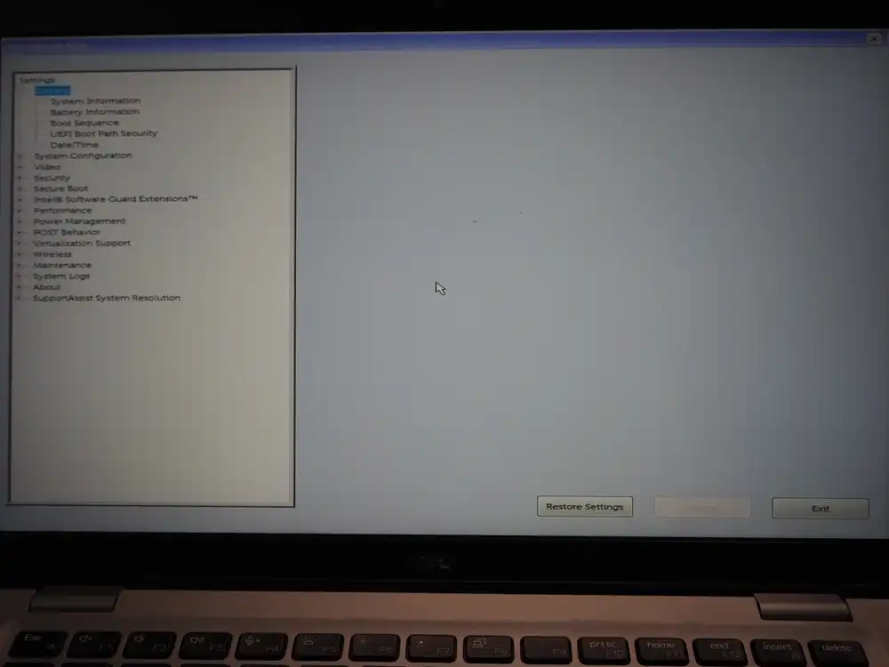 Dell Latitude 5310 BIOS menu tree showing General / System Configuration / Video / Security / Secure Boot / Performance and more
