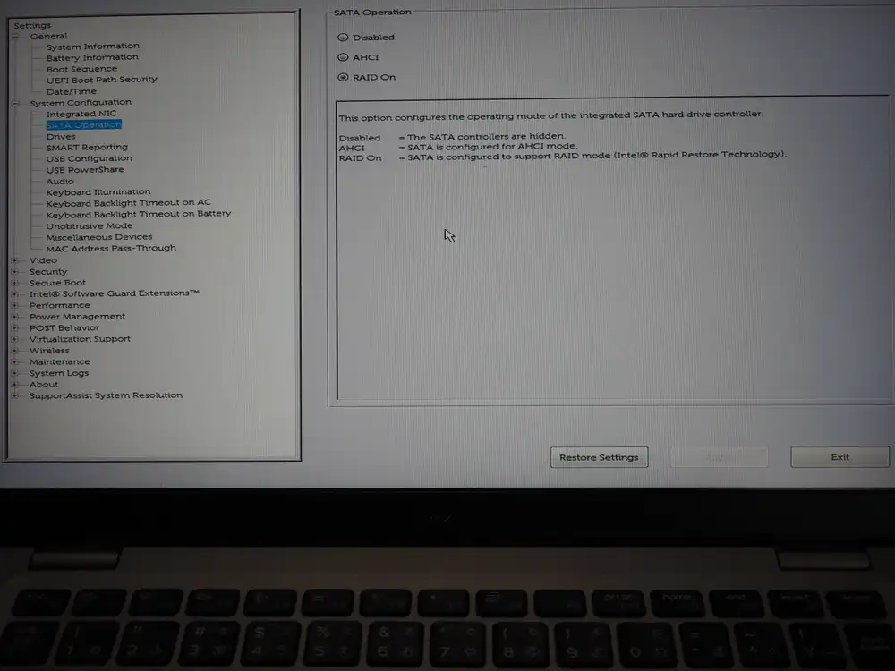 BIOS SATA Operation screen with AHCI radio button selected