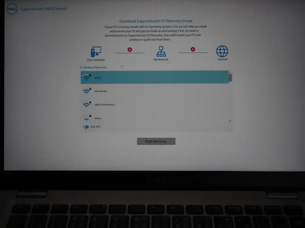 BIOSConnect Wi-Fi selection screen, trying to download an OS recovery image from Dell's servers