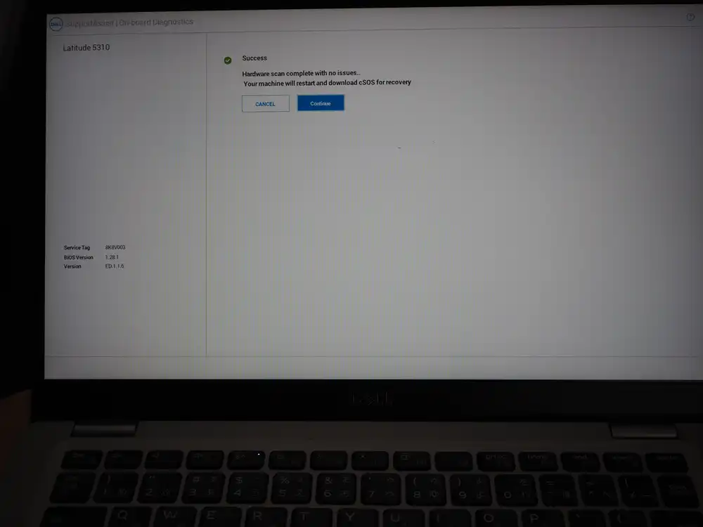 SupportAssist On-board Diagnostics: hardware scan complete, "machine will restart and download cSOS for recovery"