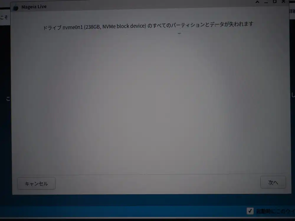 "All partitions and data on drive nvme0n1 (238GB, NVMe block device) will be lost" confirmation