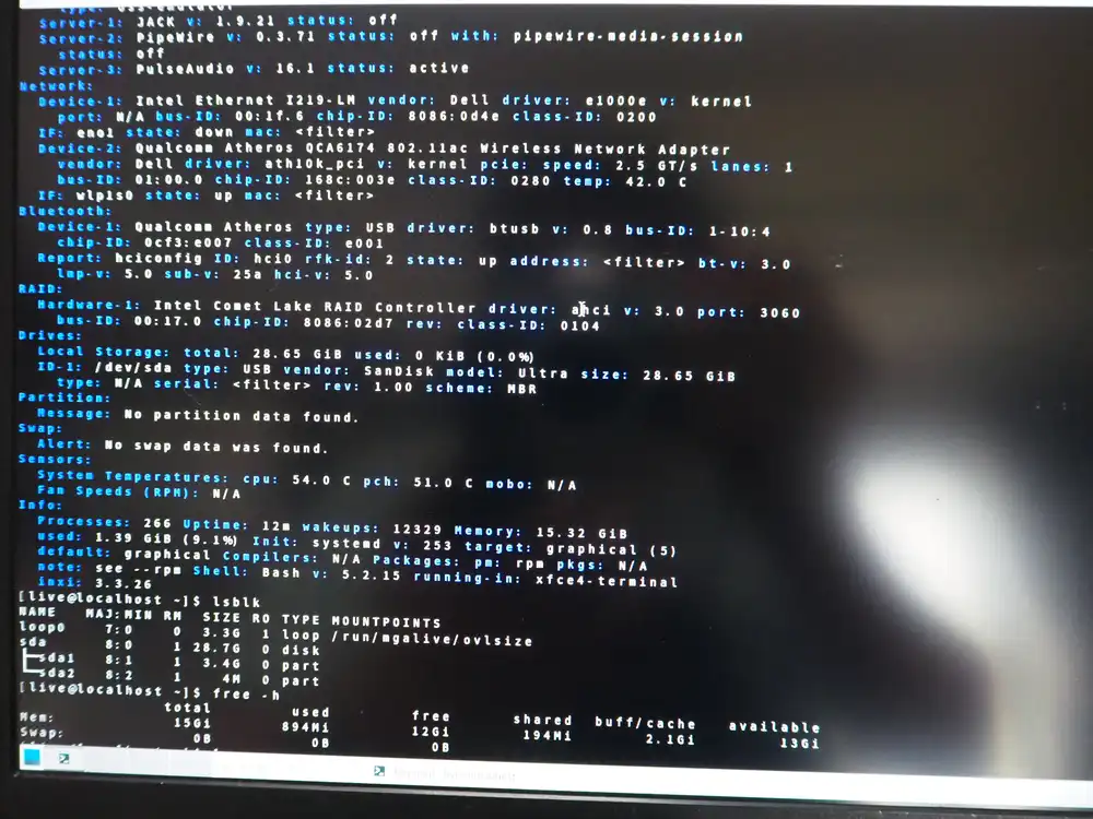inxi -F output showing Audio (PipeWire/PulseAudio), Network, Hardware, Local Storage, Sensors, and more
