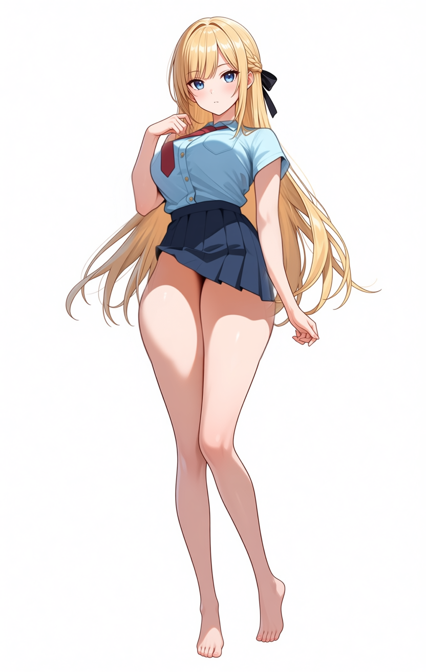 2枚目: hand-painted mask removes the shrugged neck and high skirt; chest-forward pose and thicker thighs still remain