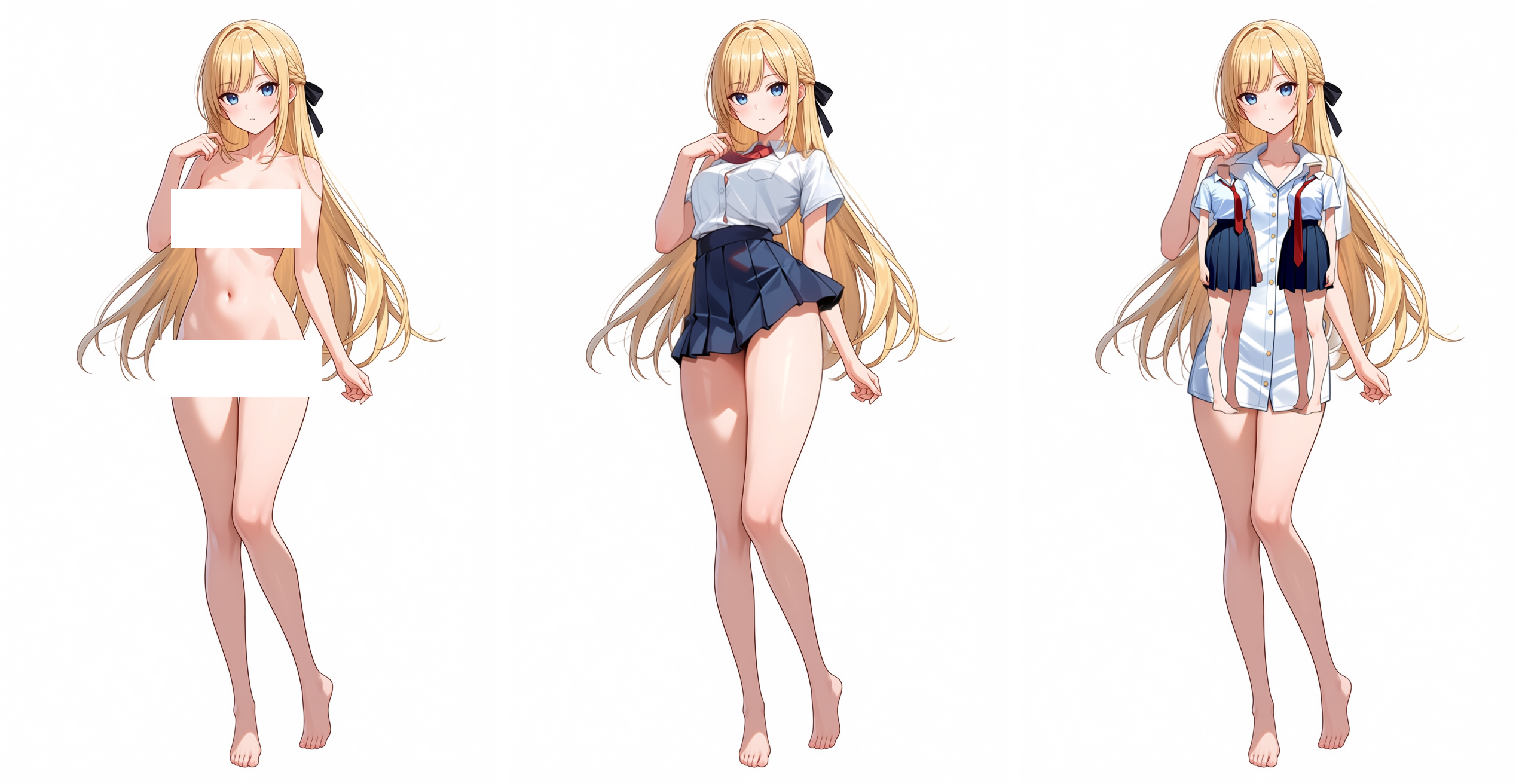 original / 3枚目 / 4枚目 side by side: all three keep the same chest-forward contrapposto pose