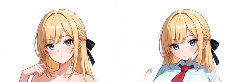 original (left) and 1枚目 (right): the ellipse mask cut into the collarbone, so the inpaint placed the shirt collar high and compressed the neck