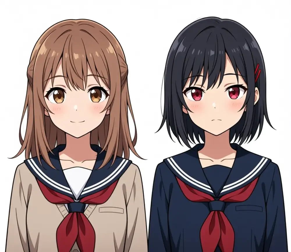 Named weight 0.4. Left Kanachan: light brown semi-long + half-up + navy sailor with beige cardigan layered + red scarf. Right Reina: black bob + red eyes + navy sailor + red scarf + two red hairpins on the right side