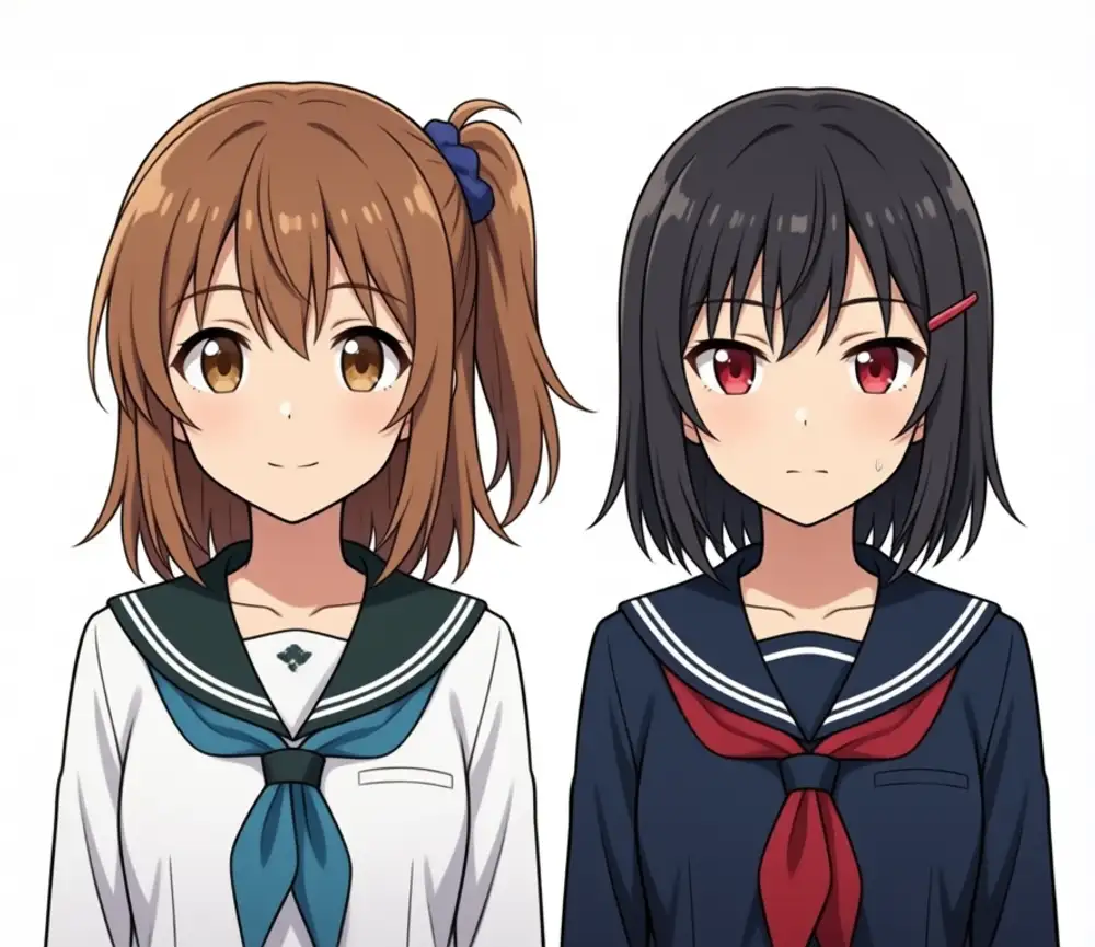 Named weight 0.6. Left Kanachan: side ponytail (blue scrunchie) + small ahoge appears, white sailor + deep green collar + blue scarf. Right Reina: black bob + red eyes + navy sailor + red scarf + red hairpin