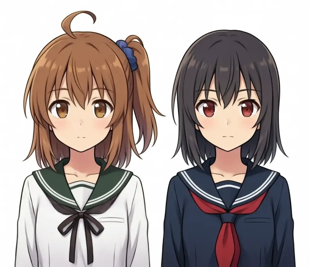 Named weight 0.8. Left Kanachan: light brown semi-long + side ponytail (blue scrunchie) + large ahoge + white sailor + deep green collar + thin black ribbon tie. Right Reina: black straight bob + red eyes + dark navy sailor + red scarf