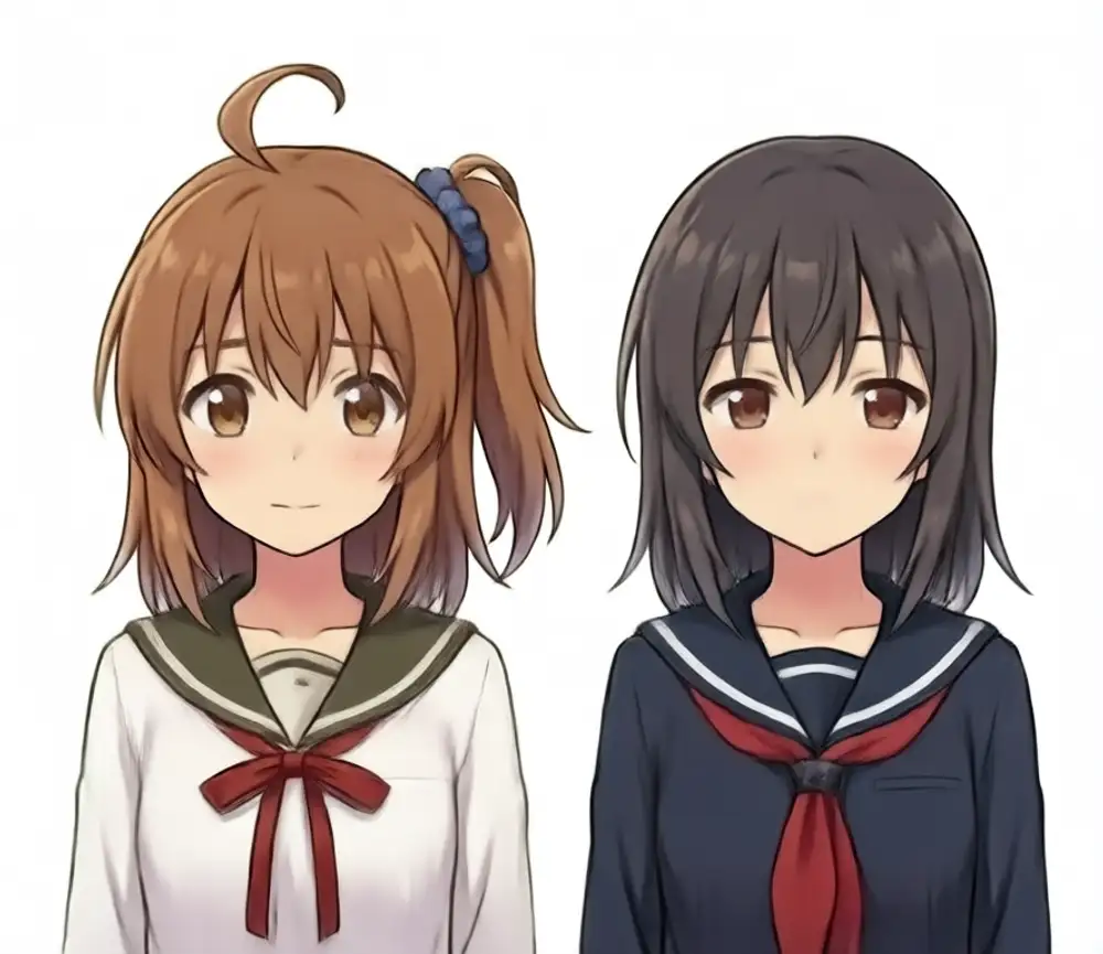 Named weight 1.0 output. Left Kanachan: light brown semi-long + large ahoge + side ponytail (blue scrunchie) + white sailor + dark olive collar + red ribbon. Right Reina: dark gray bob + navy sailor + red scarf, but with a generation artifact: no mouth drawn