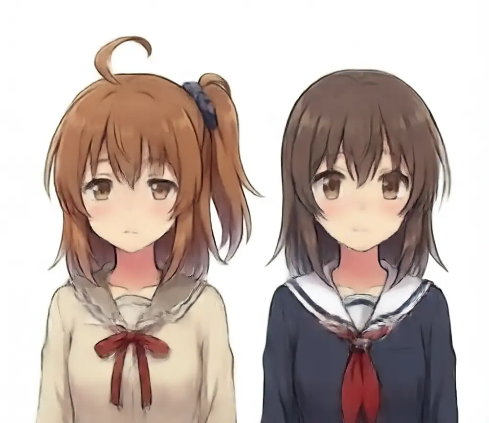 Named weight 1.2 output. LoRA over-application zone. Left Kanachan: large ahoge + side ponytail (navy scrunchie) + cream sailor. Right Reina: ash brown medium bob + navy sailor — hair color bled, but no ahoge