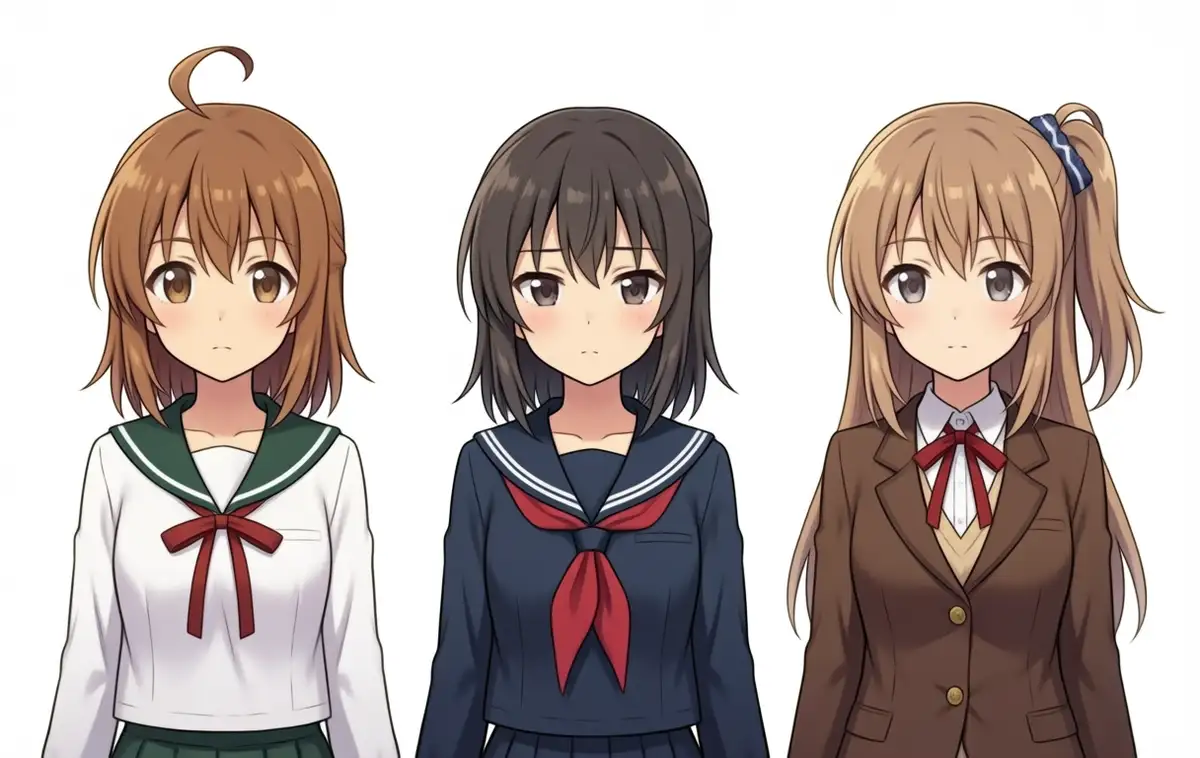 3girls Lily=green ribbon version (weight 0.8). Left Kanachan: brown + large ahoge + sailor (still no side ponytail). Middle Reina: black / dark brown bob + navy sailor. Right Lily: light brown-ish (lost blonde) + a high side ponytail on the left + a blue scrunchie with white wave pattern + brown blazer