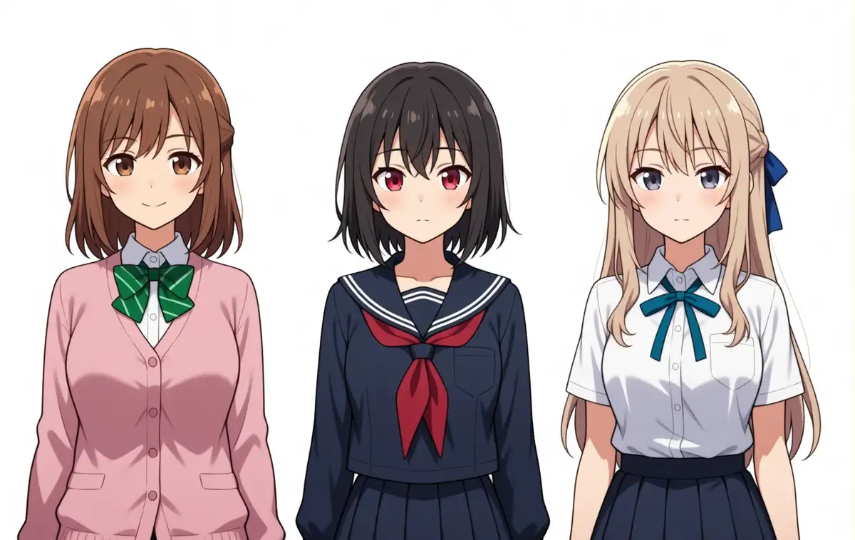 3girls weight 0.4 output. Left Kanachan: brown semi-long + braided half-up + pink cardigan + green ribbon. Middle Reina: black short bob + navy sailor + red scarf. Right Lily: ash-blonde half-up + white short sleeves + thin blue ribbon + navy skirt + large blue ribbon at the back of the head