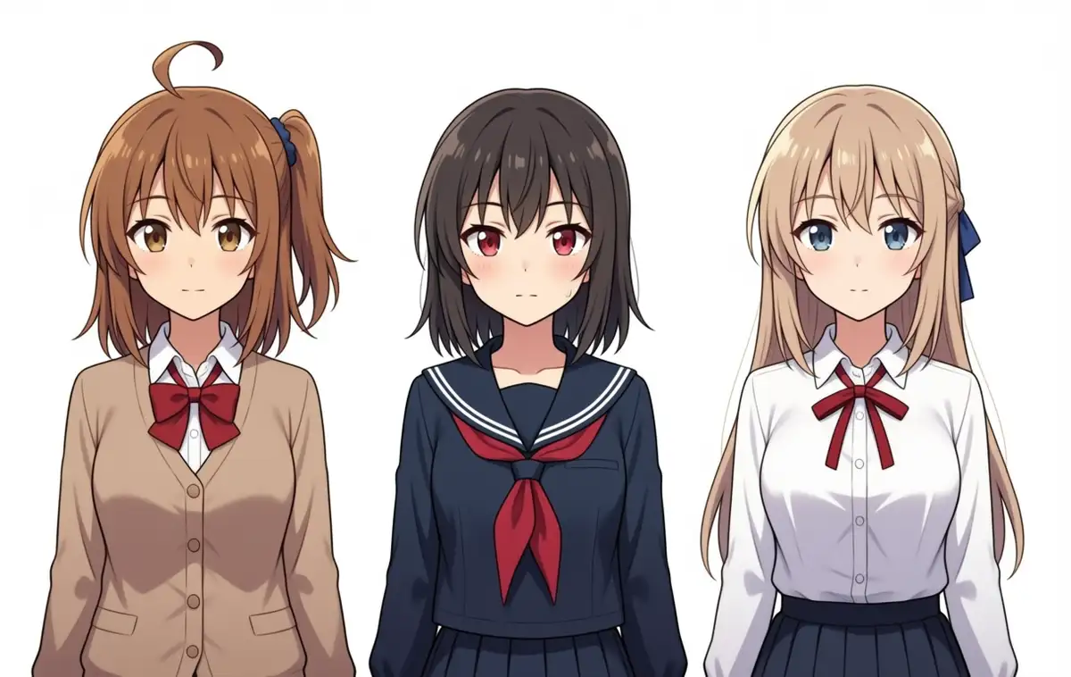 3girls weight 0.6 output. Left Kanachan: side ponytail (blue scrunchie) + ahoge appears, beige cardigan + white shirt + red ribbon. Middle Reina: near-black dark brown bob + navy sailor + red scarf. Right Lily: blonde long + half-up + navy large hair ribbon + white blouse + thin red ribbon