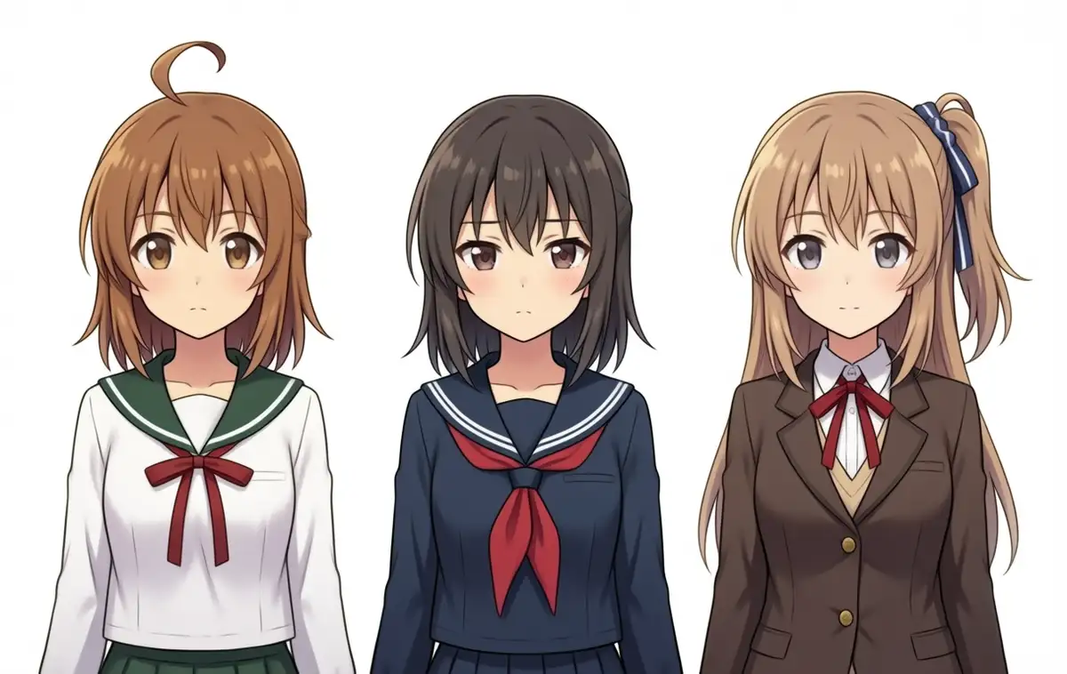 3girls weight 0.8 output. Left Kanachan: brown medium bob + large ahoge + white sailor (green collar + wine-red ribbon) + green skirt. Middle Reina: near-black dark brown bob + navy sailor. Right Lily: near-blonde light brown long + a high side ponytail on the left + brown blazer + navy / white striped hair ribbon