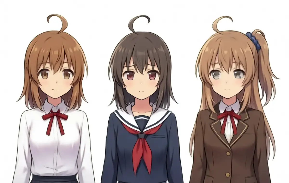 3girls weight 1.0 output. Left Kanachan: light brown medium + ahoge + white long-sleeve shirt + red ribbon. Middle Reina: dark brown medium + ahoge appears + navy sailor + red scarf. Right Lily: ash brown + side ponytail + ahoge + gray eyes + brown blazer + navy scrunchie