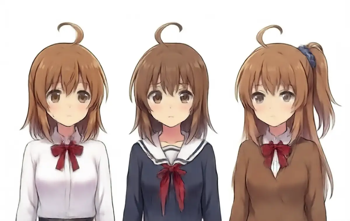 3girls weight 1.2 output. LoRA over-application zone. All three are light brown + large ahoge for a kanachan-ish look, and the image quality drops with visible rendering coarseness. Lily alone keeps the side ponytail (blue scrunchie) and a brown sweater + white collar shirt, vaguely distinguishable