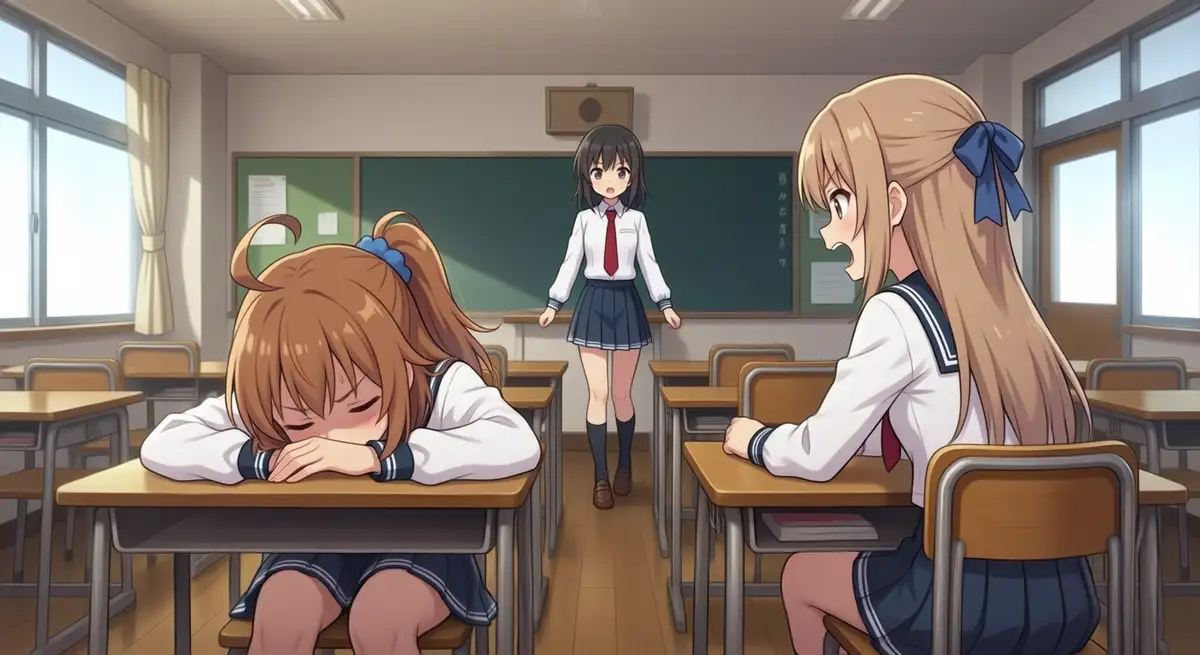 Classroom scene. In the foreground, Kanachan slumps on a desk (brown + blue ribbon + side ponytail). On the right, Lily sits at another desk (blonde + blue ribbon). In the background by the chalkboard, Reina stands (black hair + navy sailor). All three identifiers preserved