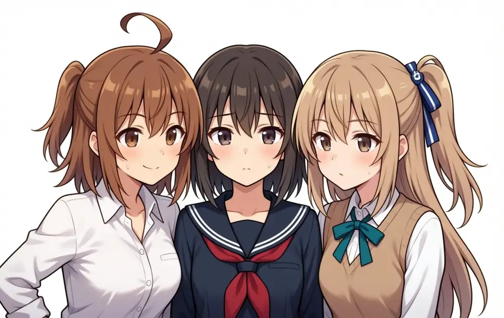 Gachi-gachi (everything explicit) cluster 3girls weight 0.6. Kanachan in twintail-like both-side ties; Lily still has a side ponytail