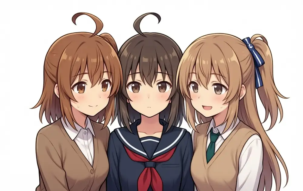 Gachi-gachi (everything explicit) cluster 3girls weight 0.8. Same trend: Kanachan twintails, Lily side ponytail