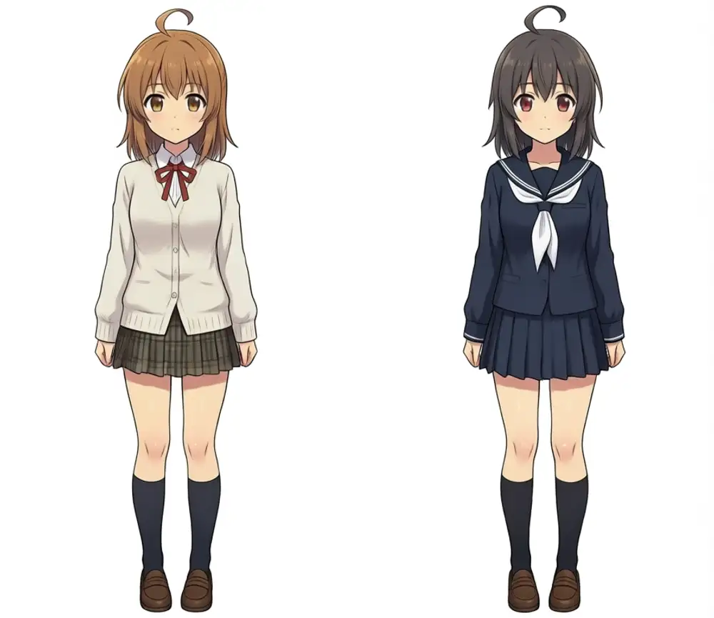 JSON-form prompt output. Full body, two girls. Left kanachan: brown semi-long + ahoge + white cardigan + white shirt + red ribbon + dark brown / gray plaid pleated skirt. Right: dark gray hair + red eyes + navy sailor uniform