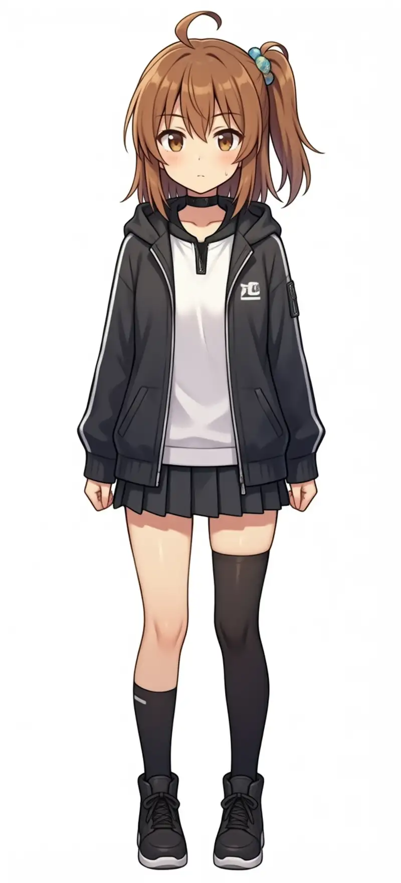Kanachan solo (LoRA w=0.8). Brown hair + side ponytail (blue scrunchie) + ahoge + brown eyes + a darkish jacket + gray pleated mini + black knee socks