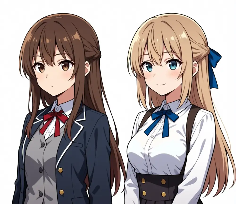 Kanachan+Lily weight 0.4. Left Kanachan: brown long with braided half-up + navy blazer + red ribbon. Right Lily: blonde long with half-up + white blouse + blue chest ribbon + large blue ribbon at the back of the head