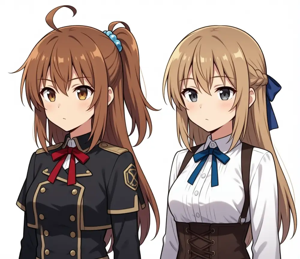 Kanachan+Lily weight 0.6. Left Kanachan: brown + side ponytail (light blue scrunchie) + ahoge + black military-style outfit. Right Lily: ash-blonde + half-up + white blouse + navy ribbon