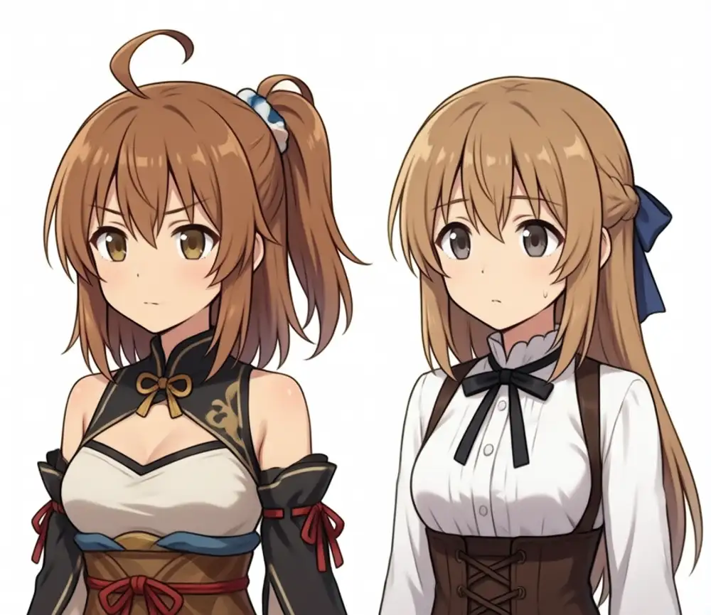 Kanachan+Lily weight 0.8. Left Kanachan: light brown + side ponytail (blue / white pattern scrunchie) + large ahoge + black-and-white fantasy outfit. Right Lily: ash brown + half-up + navy ribbon