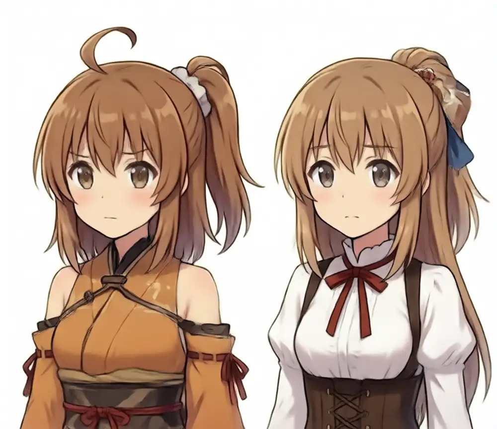 Kanachan+Lily weight 1.0. Left Kanachan: orange-tinged brown + side ponytail (white scrunchie) + large ahoge + Japanese-style off-shoulder outfit. Right Lily: brown + half-up plus side ponytail mix (brown scrunchie + dark navy ribbon)
