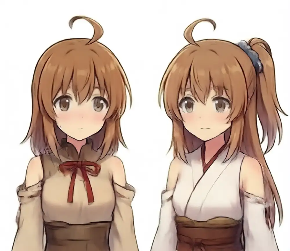 Kanachan+Lily weight 1.2. Both are light brown + large ahoge in a kanachan-ish look. Right Lily: side ponytail with a light blue scrunchie + white kimono-style off-shoulder