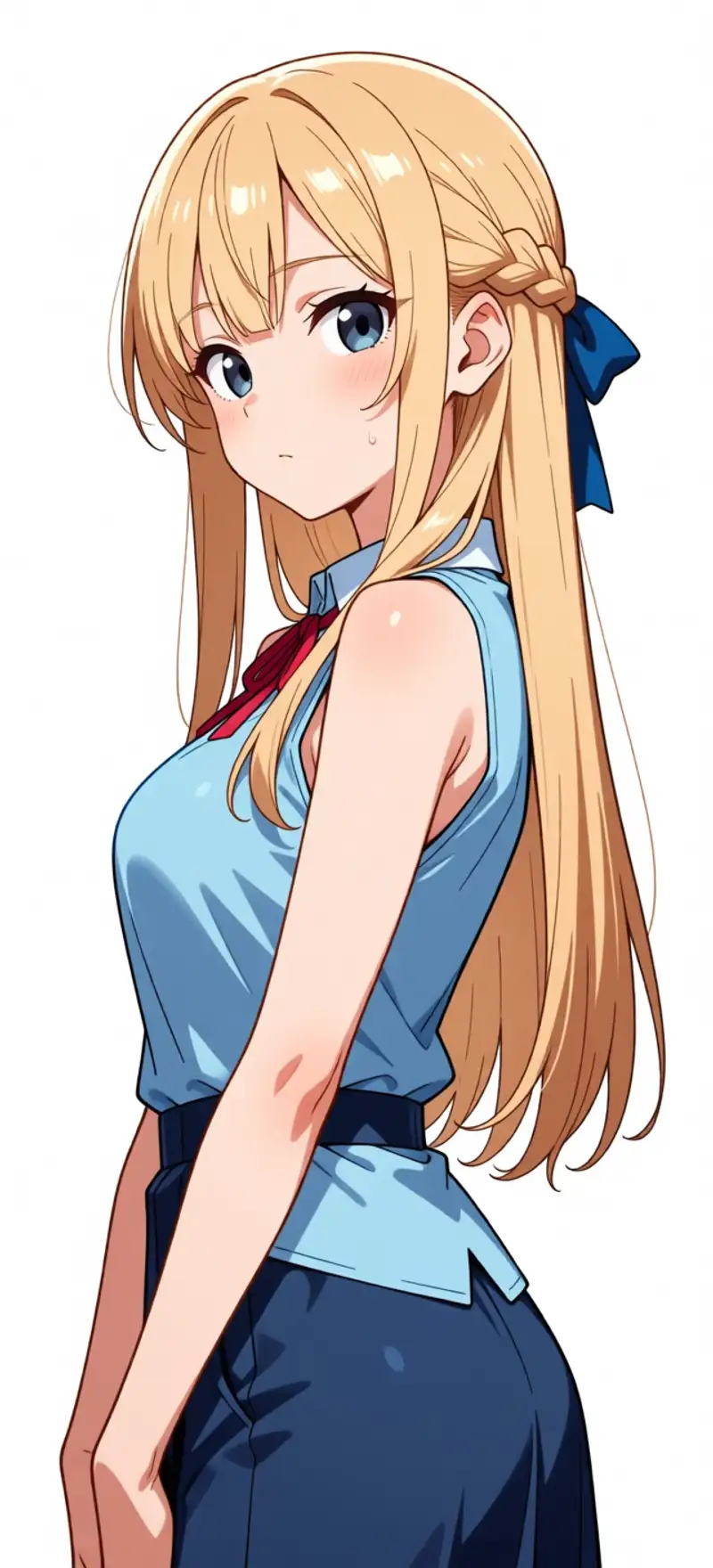 Lily solo (no LoRA). Bright blonde + half-up braid + blue ribbon + bluish-gray eyes + light blue sleeveless top + navy skirt