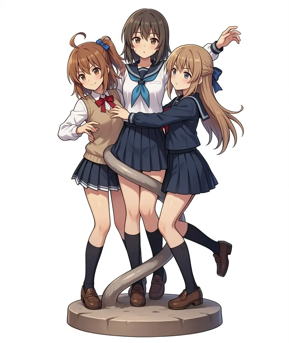 A narrative-kumitaisō-ish composition. Three girls intertwined on a pedestal. Kanachan brown + blue side ponytail, Reina black + navy sailor, Lily blonde + blue ribbon. A gray snake-like shape coils around their feet