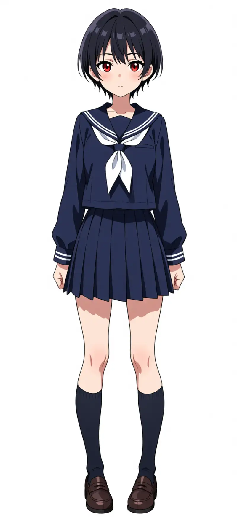 Reina solo (no LoRA). Black short bob + red eyes + navy sailor uniform + red scarf + navy pleats + black knee socks + brown loafers