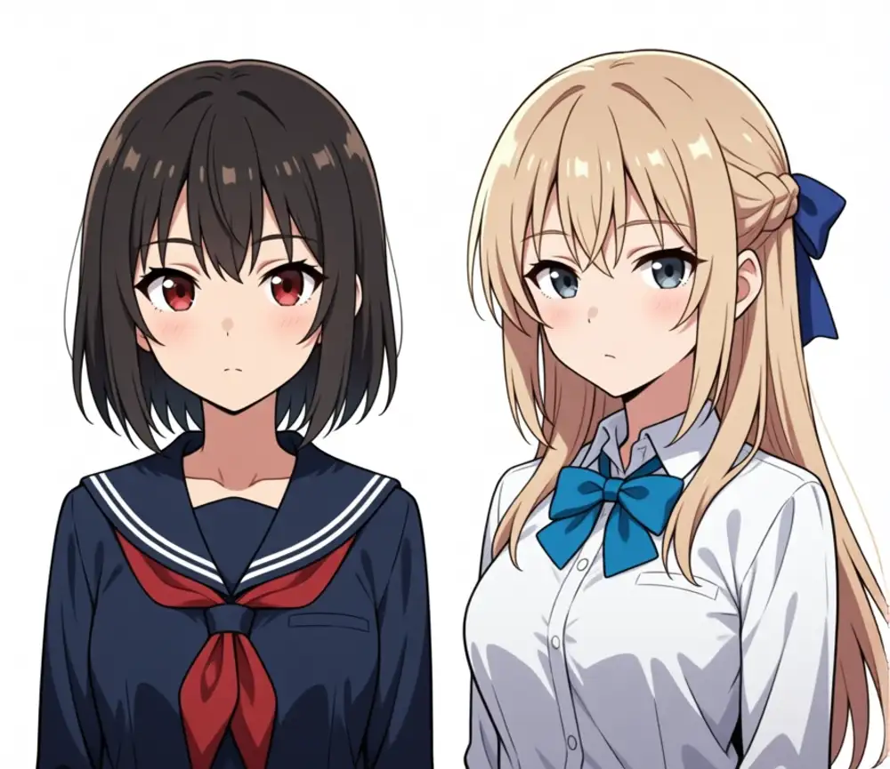 Reina+Lily weight 0.4. Left Reina: near-black dark brown bob + red eyes + navy sailor + red scarf. Right Lily: blonde + half-up + white blouse + blue ribbon