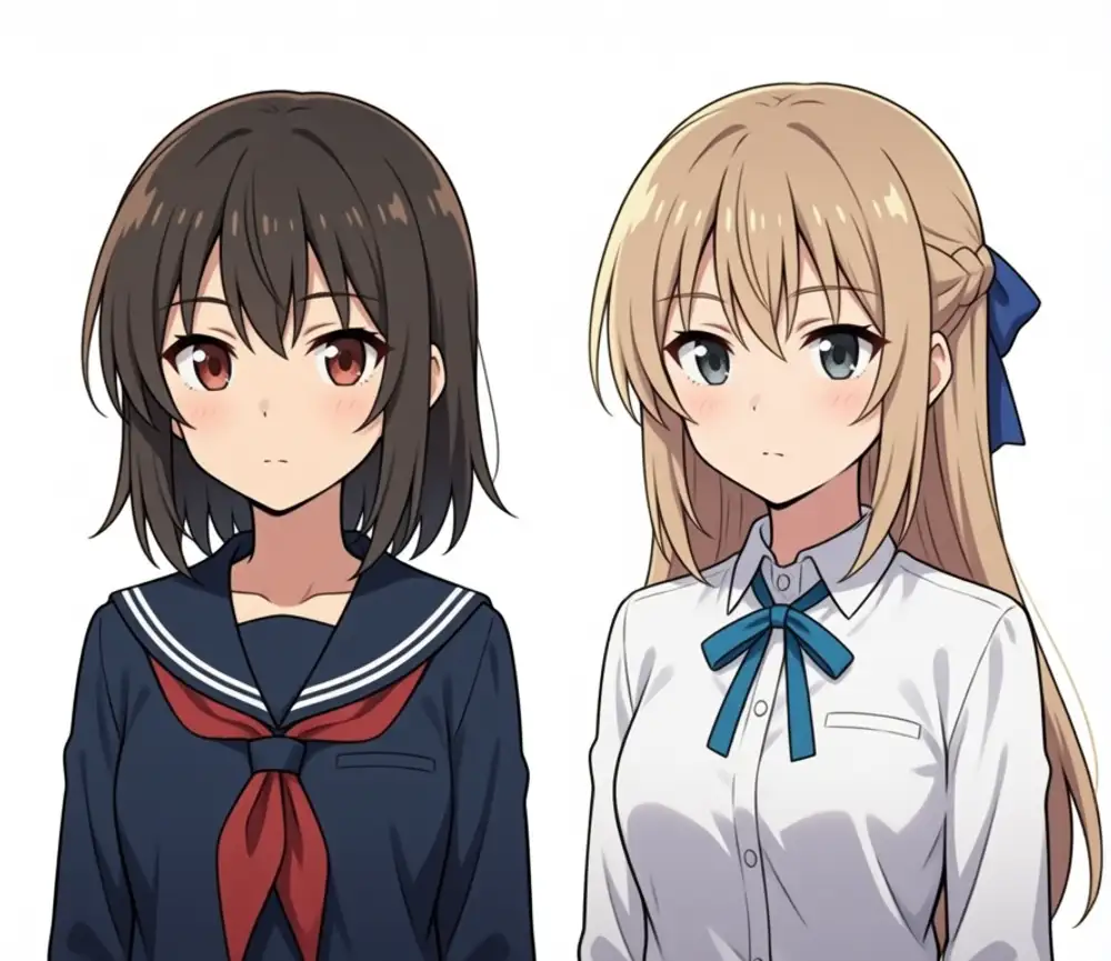 Reina+Lily weight 0.6. Left Reina: dark brown medium bob + red eyes + navy sailor. Right Lily: blonde half-up + light blue ribbon + dark blue large ribbon at the back of the head