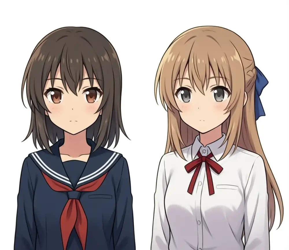 Reina+Lily weight 0.8. Left Reina: dark brown semi-long + reddish-brown eyes + navy sailor. Right Lily: light brown + half-up + red ribbon + large blue ribbon at the back of the head