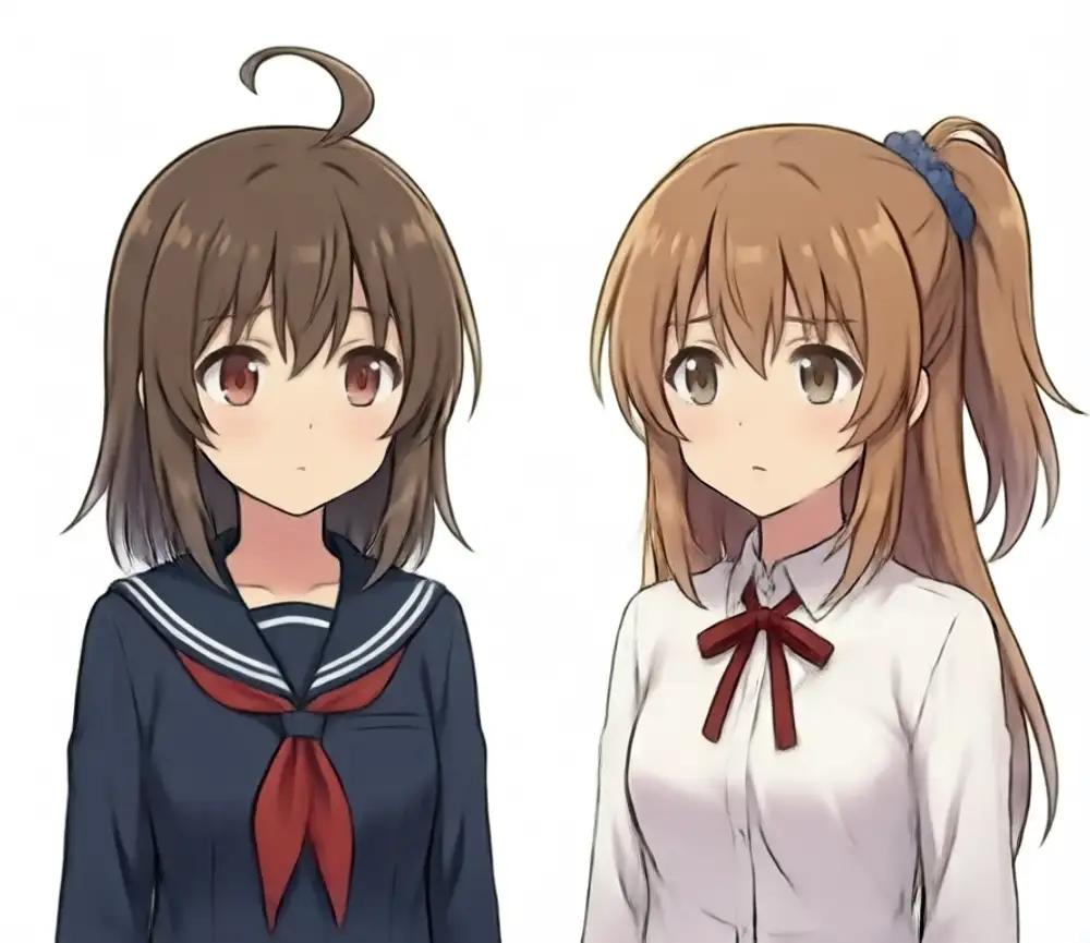 Reina+Lily weight 1.0. Left Reina: darkish brown semi-long + ahoge appears + reddish-brown eyes + navy sailor. Right Lily: light brown + side ponytail (blue scrunchie) + light brown eyes + white blouse + wine-red ribbon