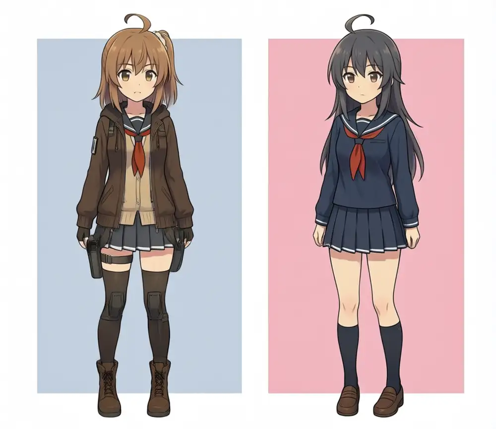 Text-form prompt output. Left kanachan: brown semi-long hair with side ponytail and ahoge, wearing a navy sailor uniform under a beige cardigan and a dark brown zip parka, with black tactical gloves, thigh holsters, black thigh-high socks, and brown work boots. Right: charcoal-gray long straight hair in a navy sailor uniform. Background is a split blue / pink character-card style